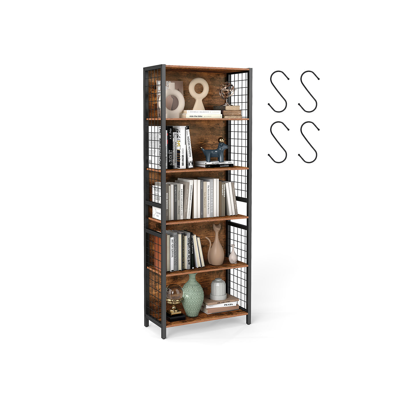 Bookcase - 6-Tier with Hooks - Wood - Rustic Brown