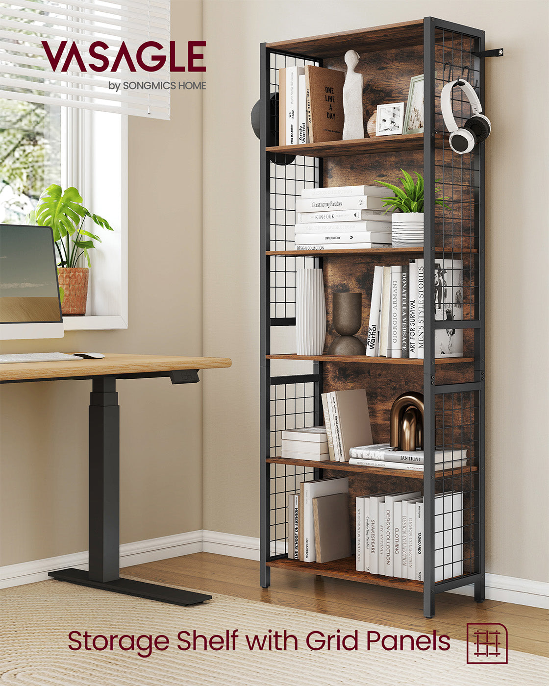 Bookcase - 6-Tier with Hooks - Wood - Rustic Brown