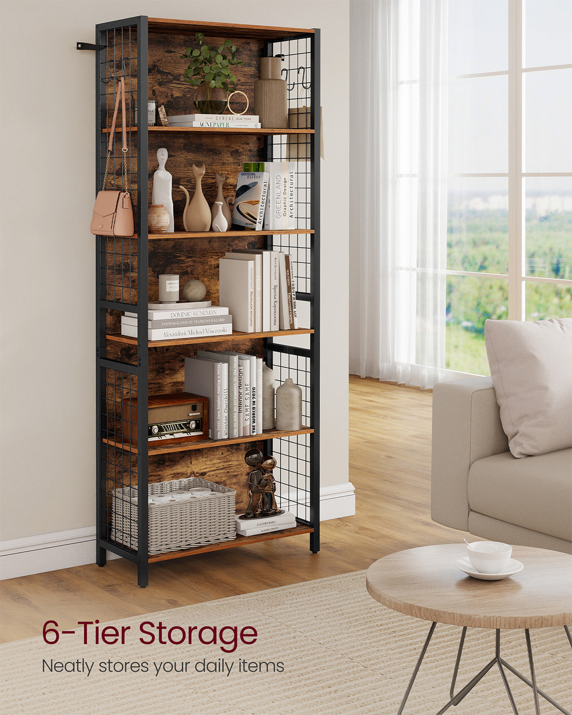 Bookcase - 6-Tier with Hooks - Wood - Rustic Brown