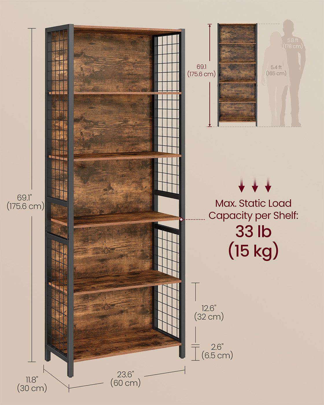 Bookcase - 6-Tier with Hooks - Wood - Rustic Brown