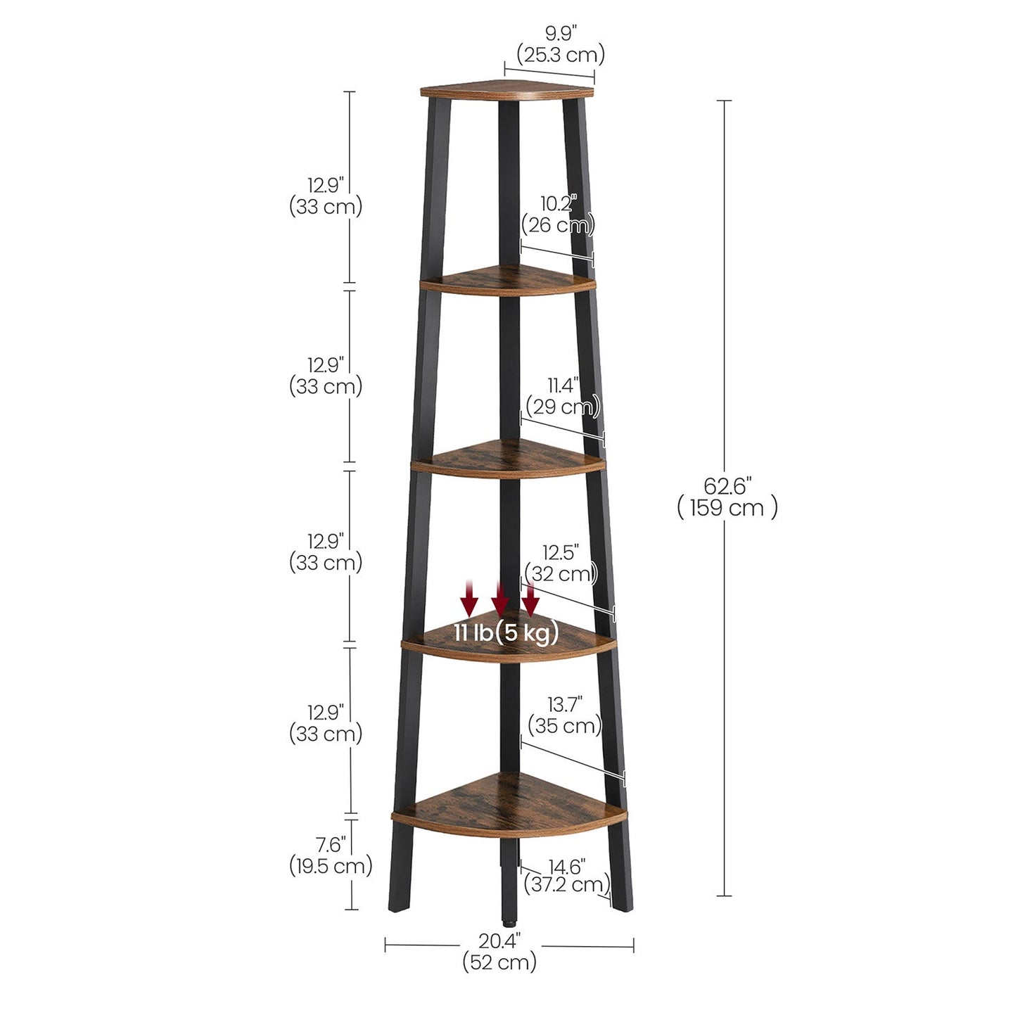 5 Tier Bookcase - Metal - Rustic Brown - Corner Design