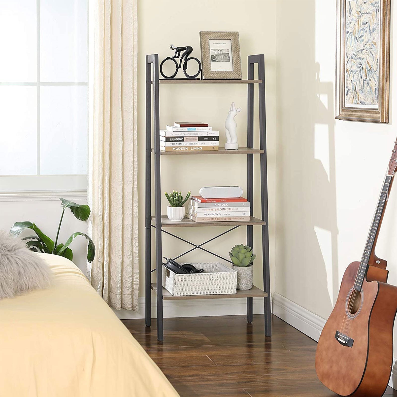 4-Tier Ladder Shelf - Wood - Rustic Brown - Industrial Bookcase and Storage Unit