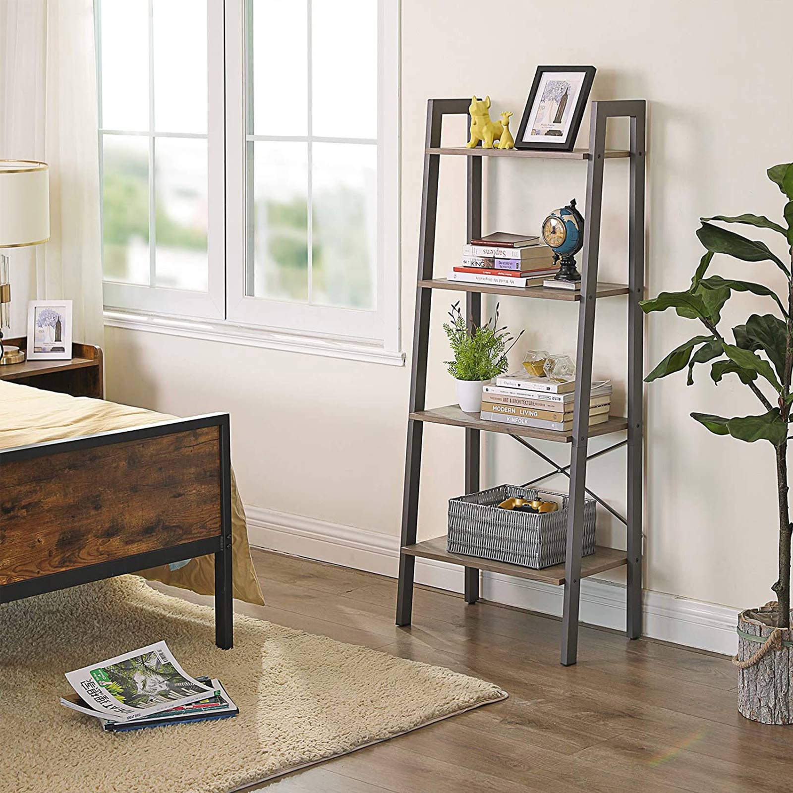4-Tier Ladder Shelf - Wood - Rustic Brown - Industrial Bookcase and Storage Unit