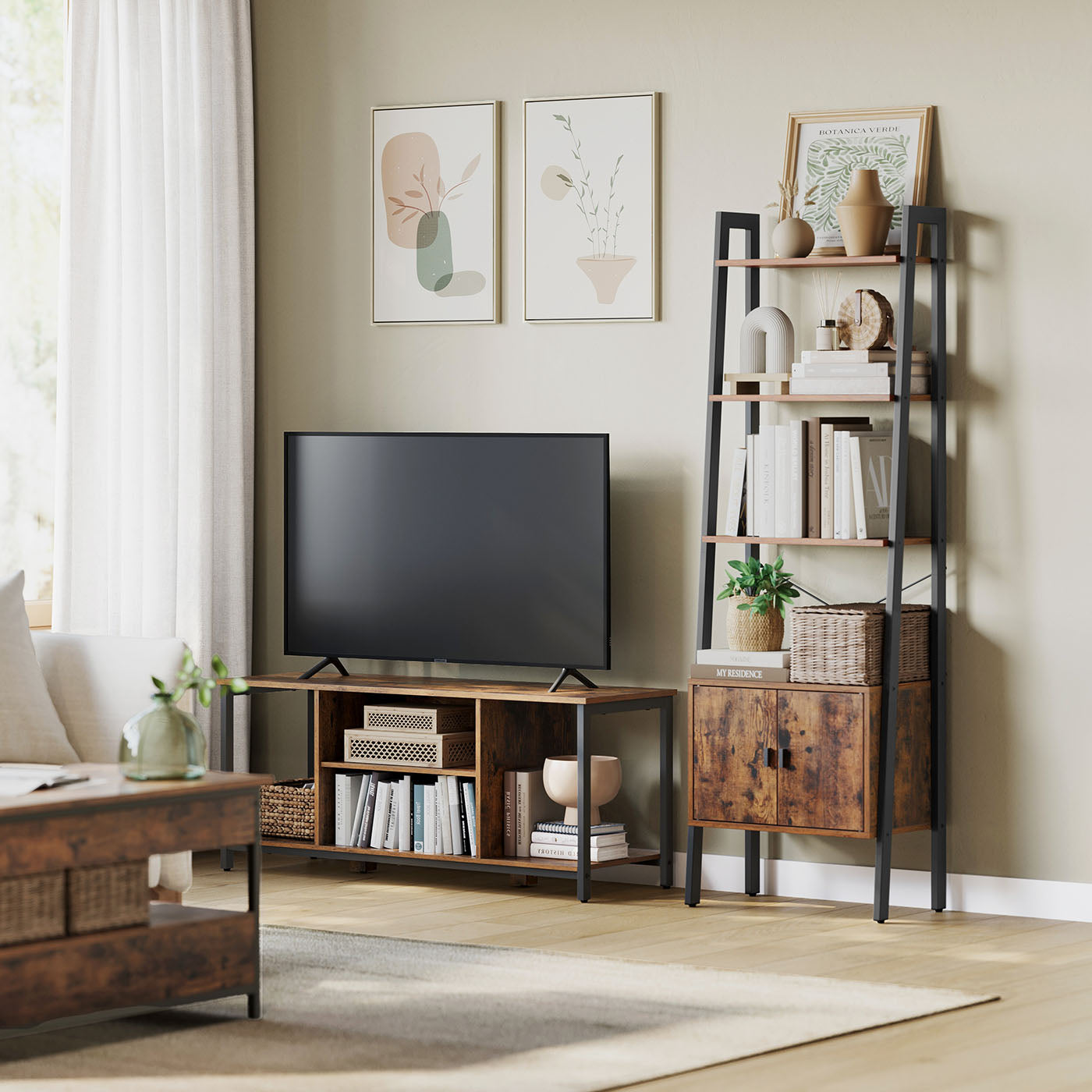 Bookcase - Particleboard and Metal - Rustic Brown - with Cupboard