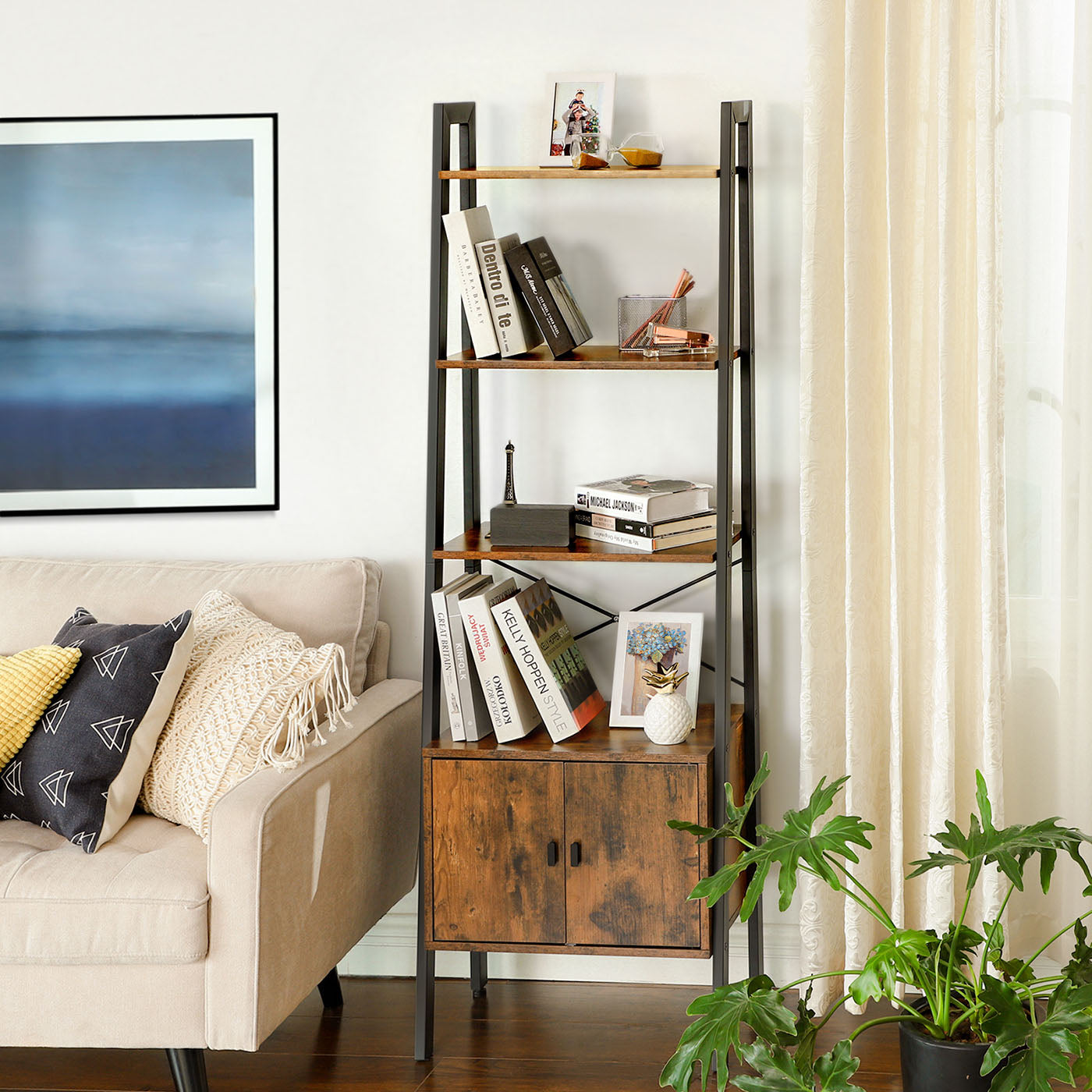 Bookcase - Steel - Rustic Brown - 4 Shelves with Cupboard