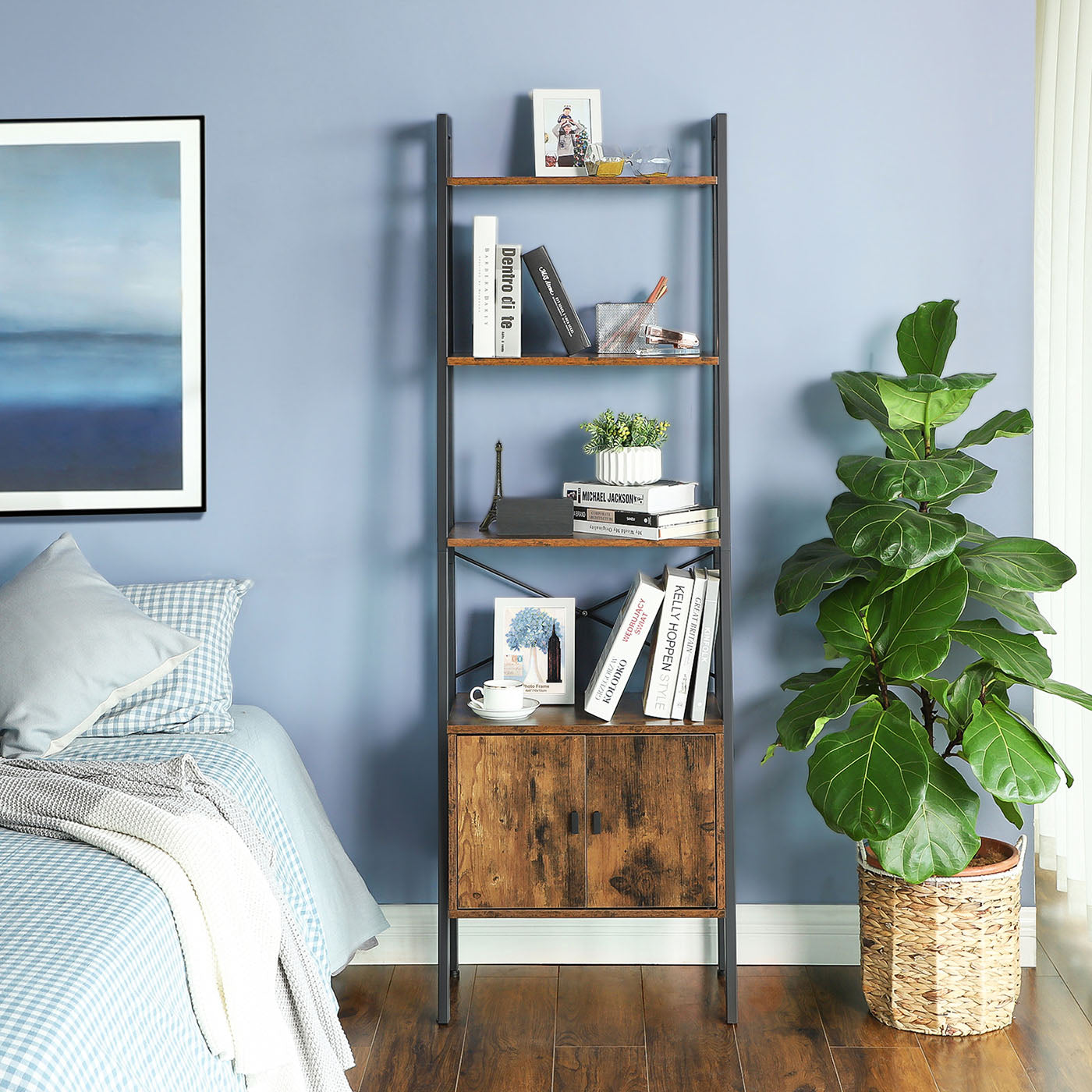 Bookcase - Particleboard and Metal - Rustic Brown - with Cupboard