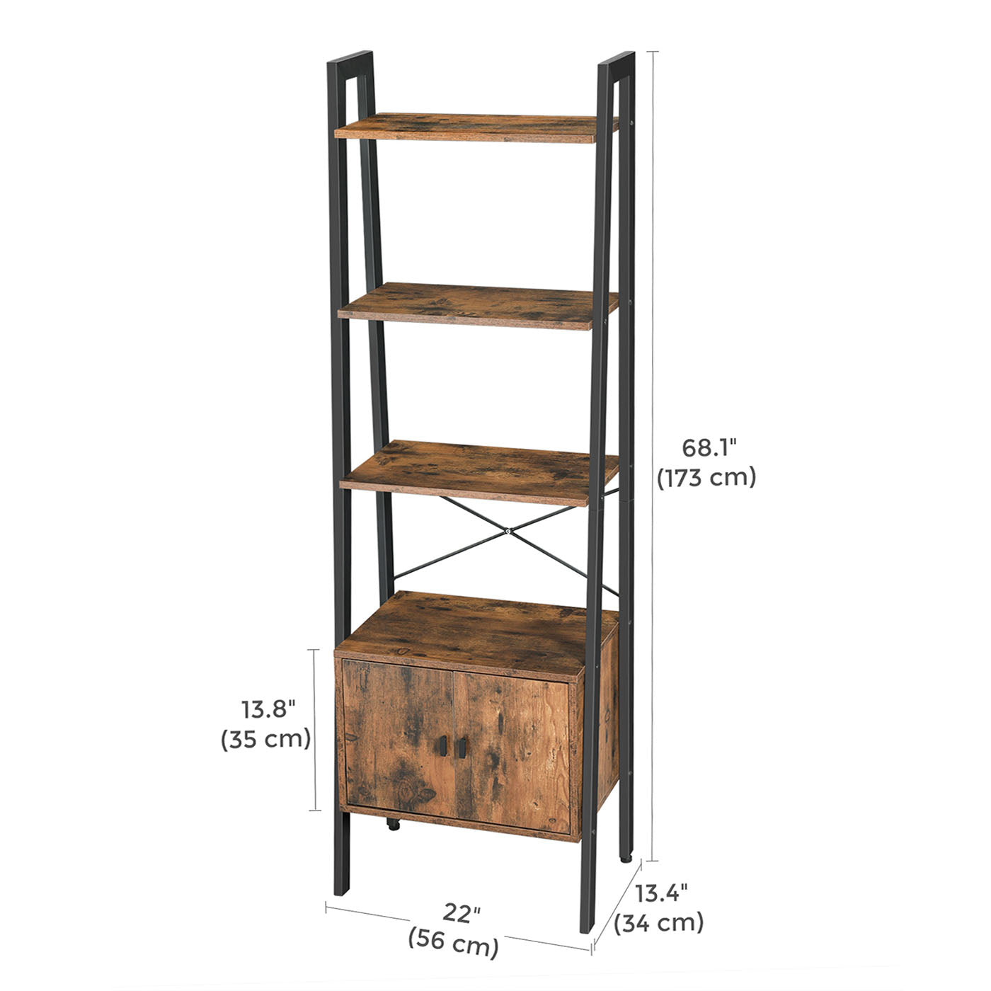 Bookcase - Steel - Rustic Brown - 4 Shelves with Cupboard