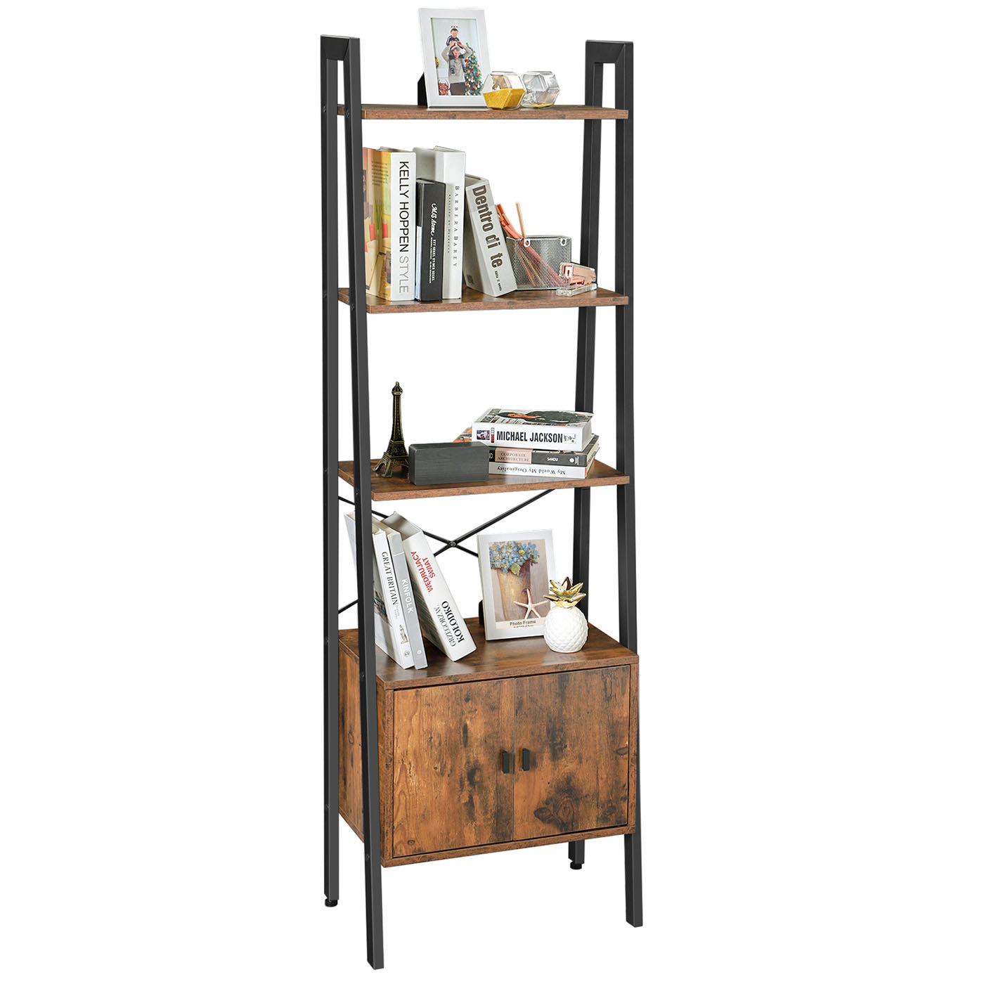 Bookcase - Steel - Rustic Brown - 4 Shelves with Cupboard