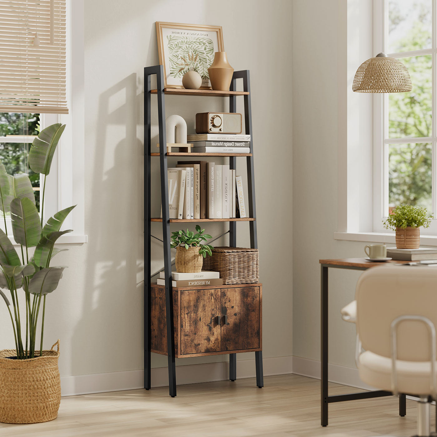 Bookcase - Particleboard and Metal - Rustic Brown - with Cupboard