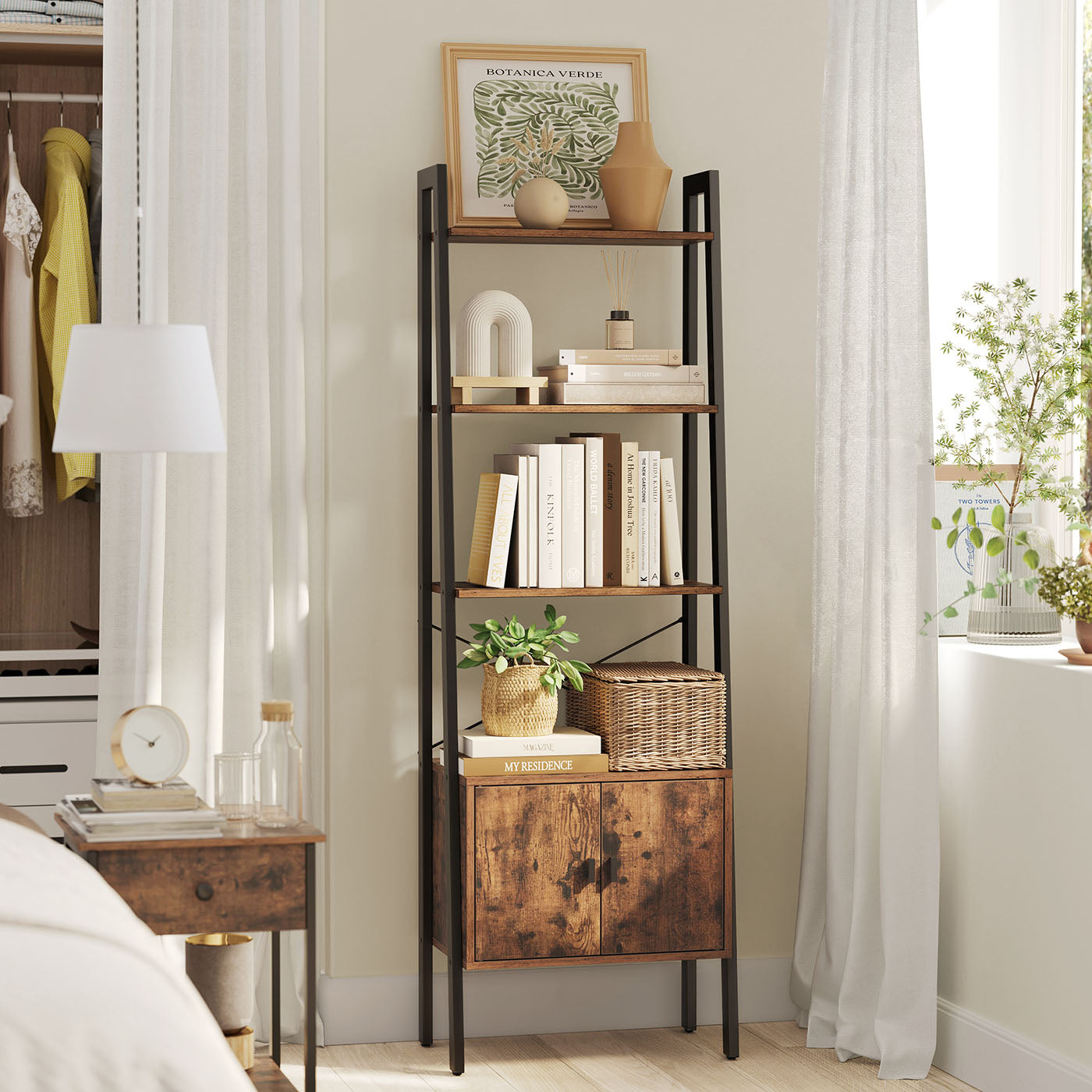 Bookcase - Steel - Rustic Brown - 4 Shelves with Cupboard