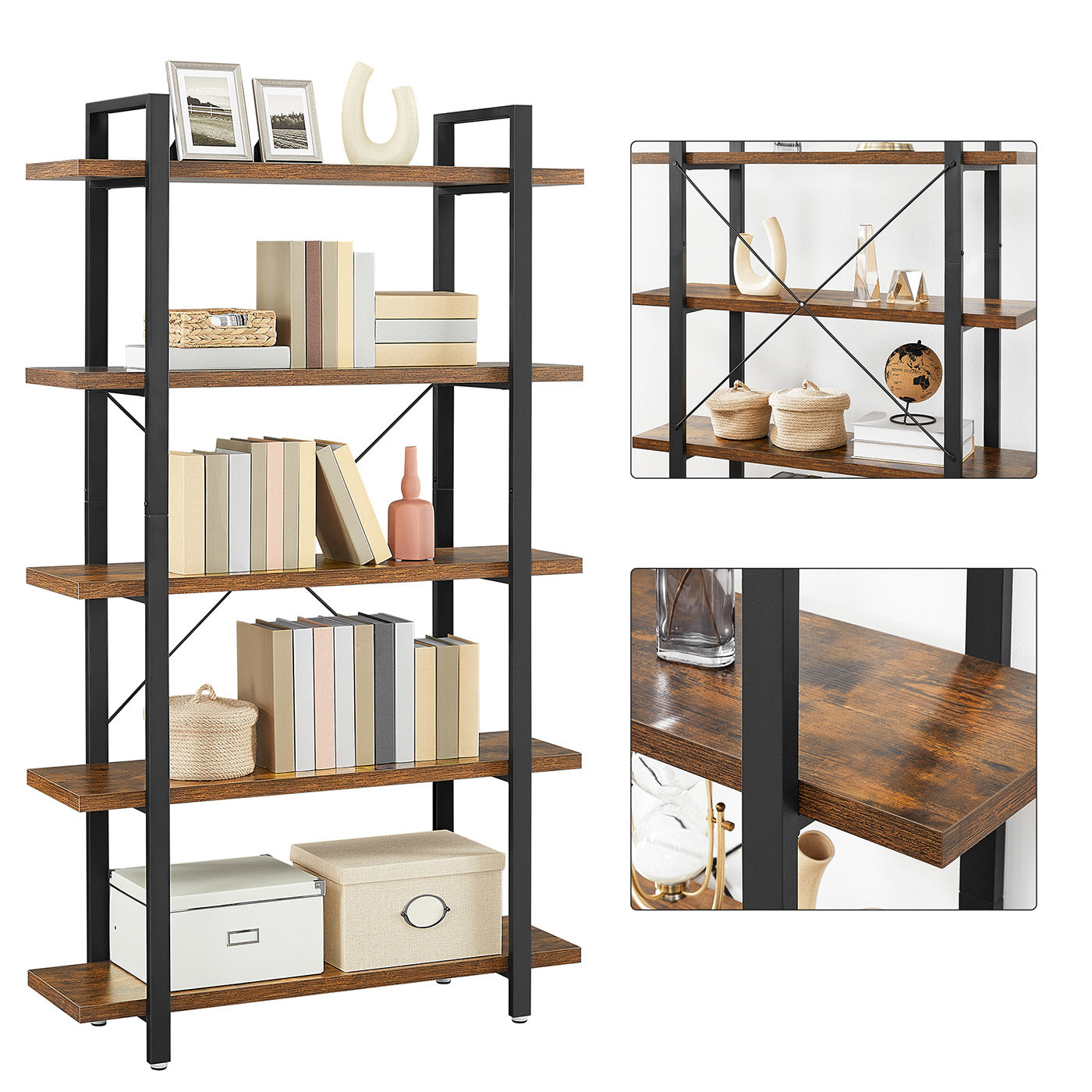 5-Layer Bookcase - Wood - Rustic Brown