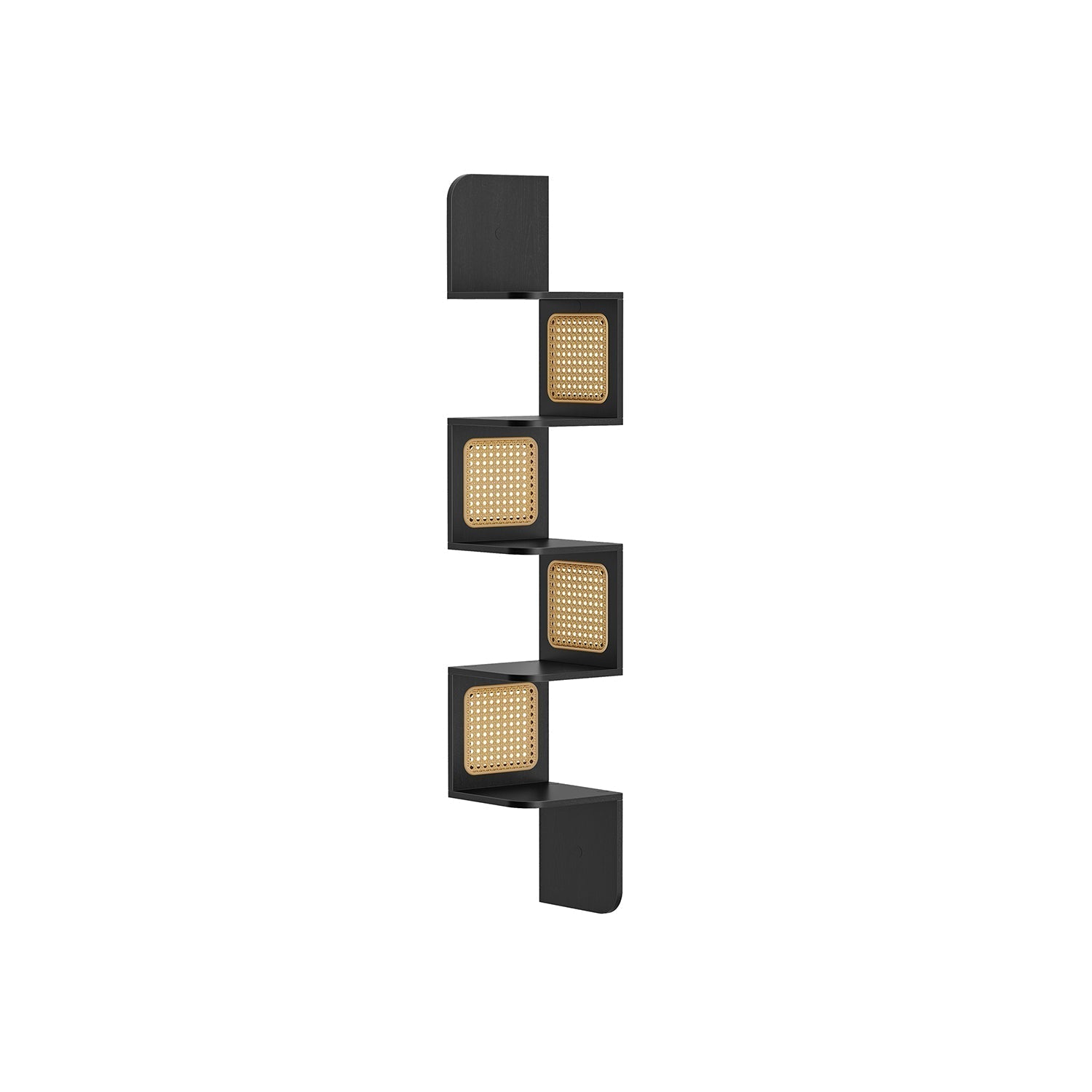 5-Tier Corner Floating Wall Shelf - PVC Rattan - Oatmeal Beige - Space-Saving Zigzag Design