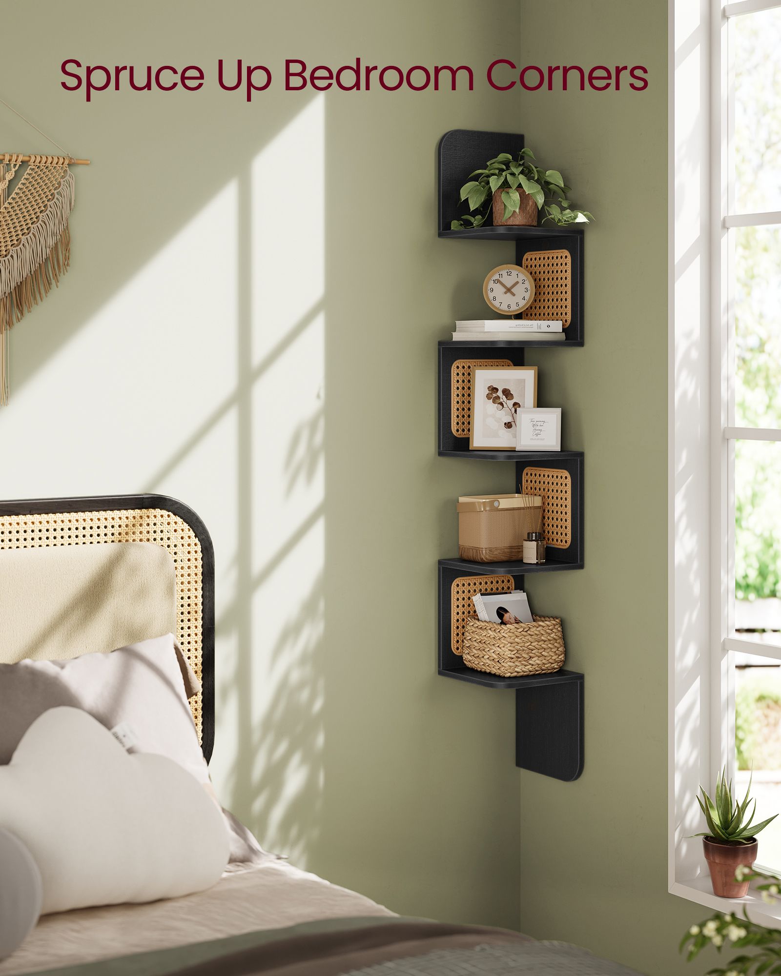 5-Tier Corner Floating Wall Shelf - PVC Rattan - Ash Black - Space-Saving Zigzag Design