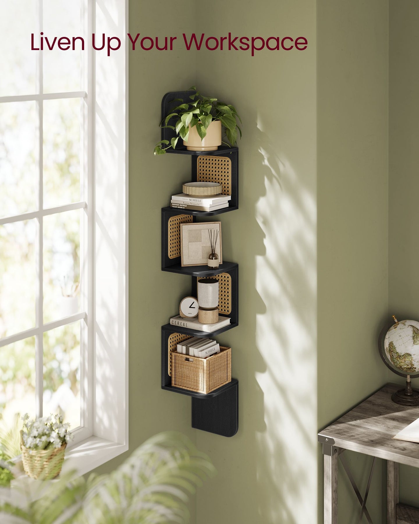 5-Tier Corner Floating Wall Shelf - PVC Rattan - Ash Black - Space-Saving Zigzag Design