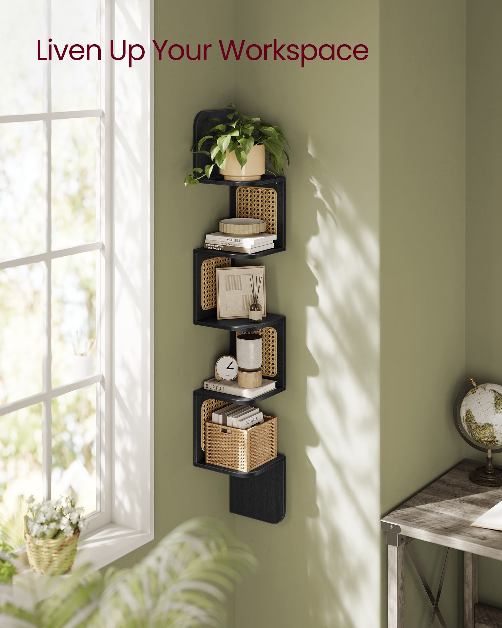 5-Tier Corner Floating Wall Shelf - PVC Rattan - Ash Black - Space-Saving Zigzag Design