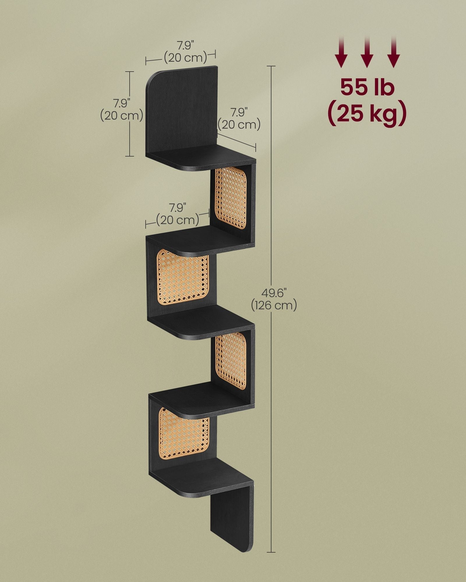 5-Tier Corner Floating Wall Shelf - PVC Rattan - Ash Black - Space-Saving Zigzag Design