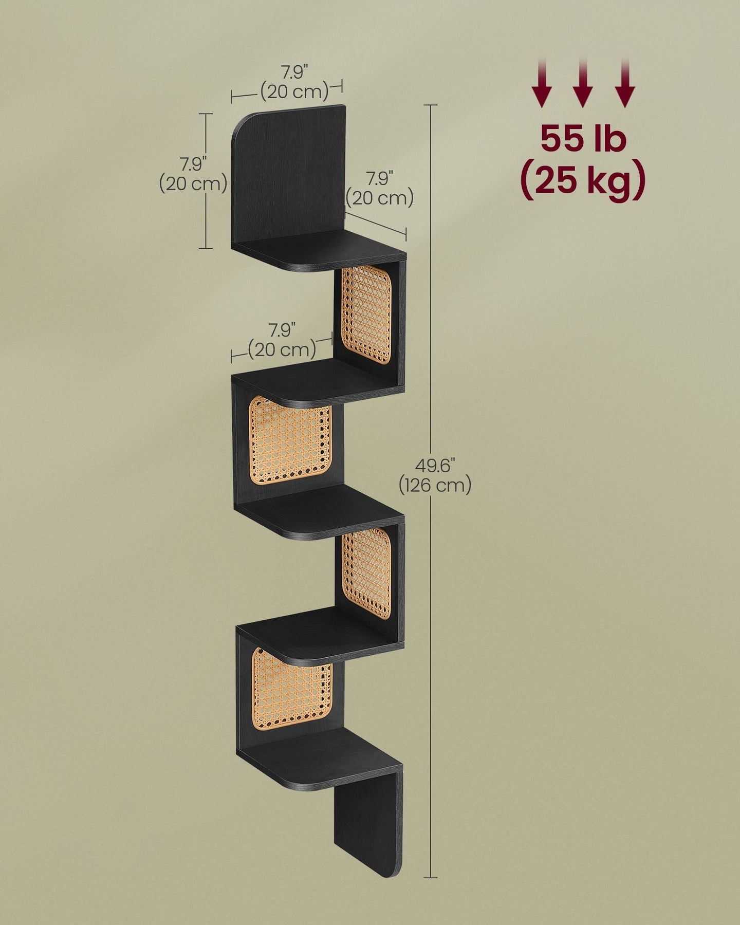 5-Tier Corner Floating Wall Shelf - PVC Rattan - Ash Black - Space-Saving Zigzag Design