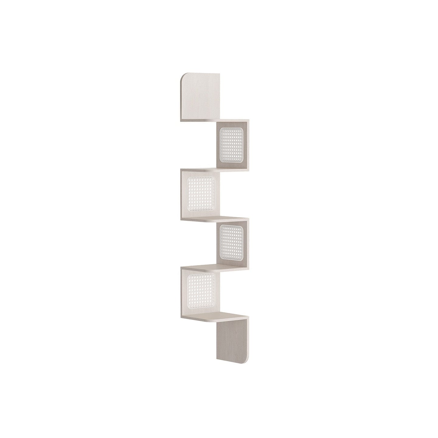 5-Tier Corner Floating Wall Shelf - PVC Rattan - Oatmeal Beige - Space-Saving Zigzag Design