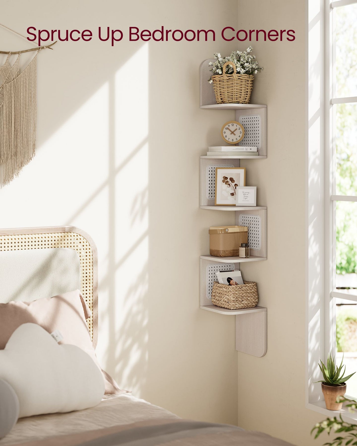 5-Tier Corner Floating Wall Shelf - PVC Rattan - Oatmeal Beige - Space-Saving Zigzag Design