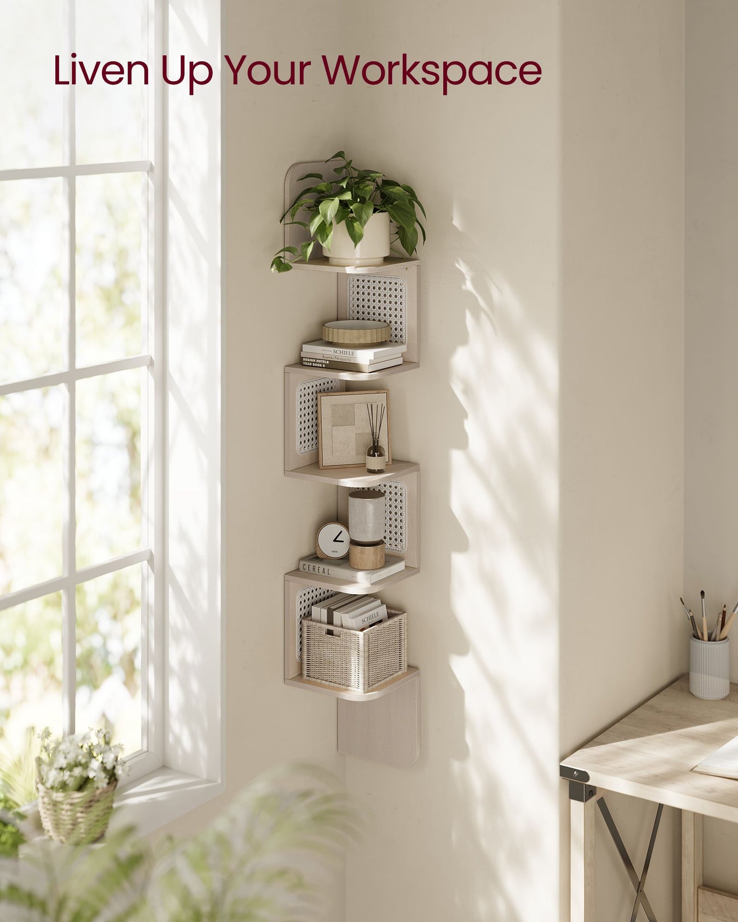 5-Tier Corner Floating Wall Shelf - PVC Rattan - Oatmeal Beige - Space-Saving Zigzag Design