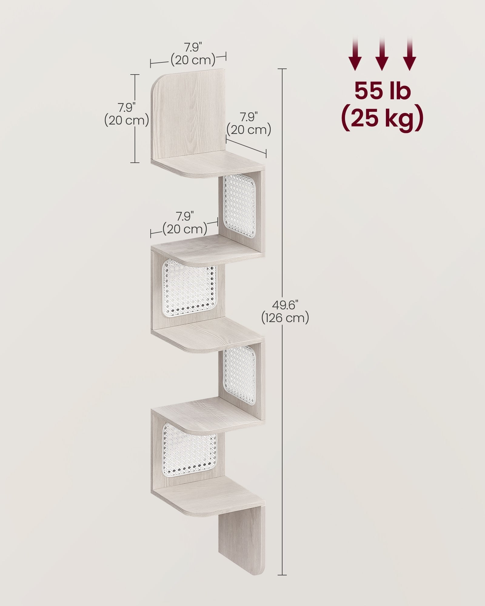 5-Tier Corner Floating Wall Shelf - PVC Rattan - Oatmeal Beige - Space-Saving Zigzag Design