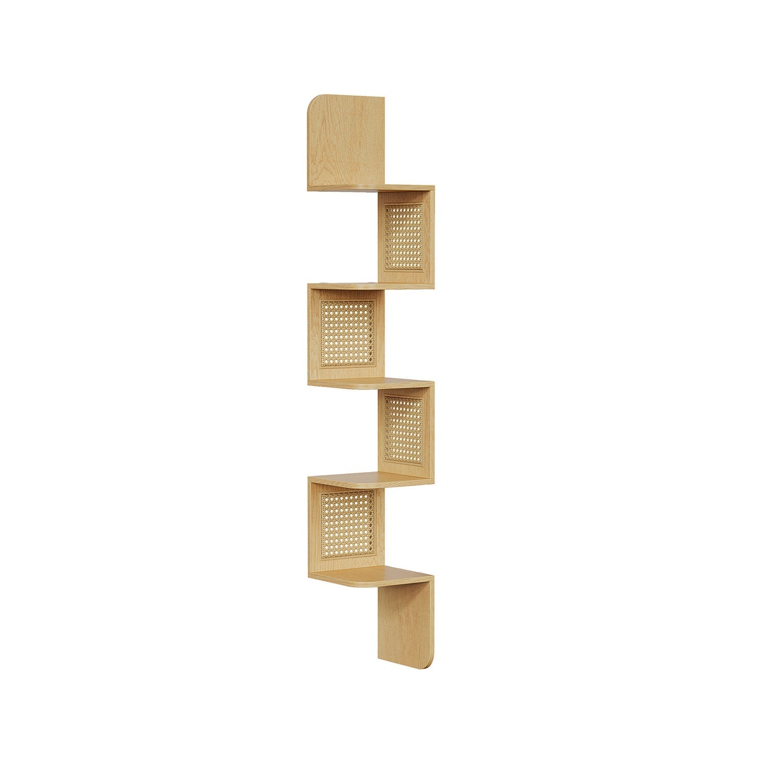 5-Tier Wall-Mounted Corner Shelf - Space-Saving with PVC Rattan Sides - Oak Beige - Zigzag Design