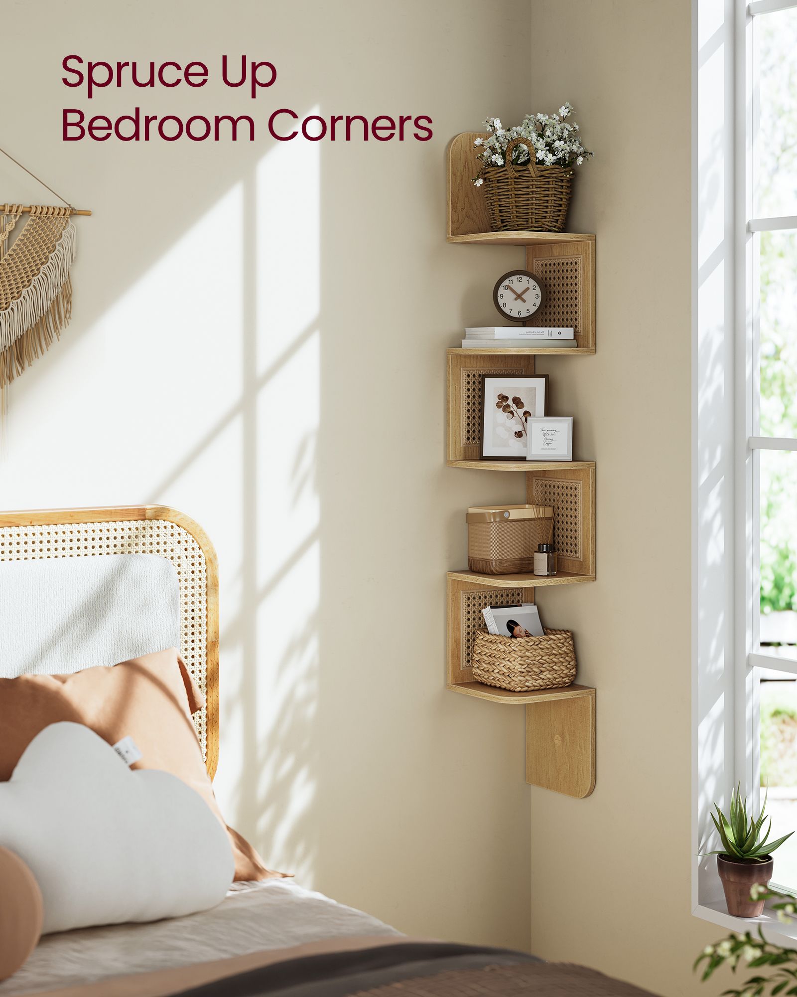 5-Tier Wall-Mounted Corner Shelf - Space-Saving with PVC Rattan Sides - Oak Beige - Zigzag Design