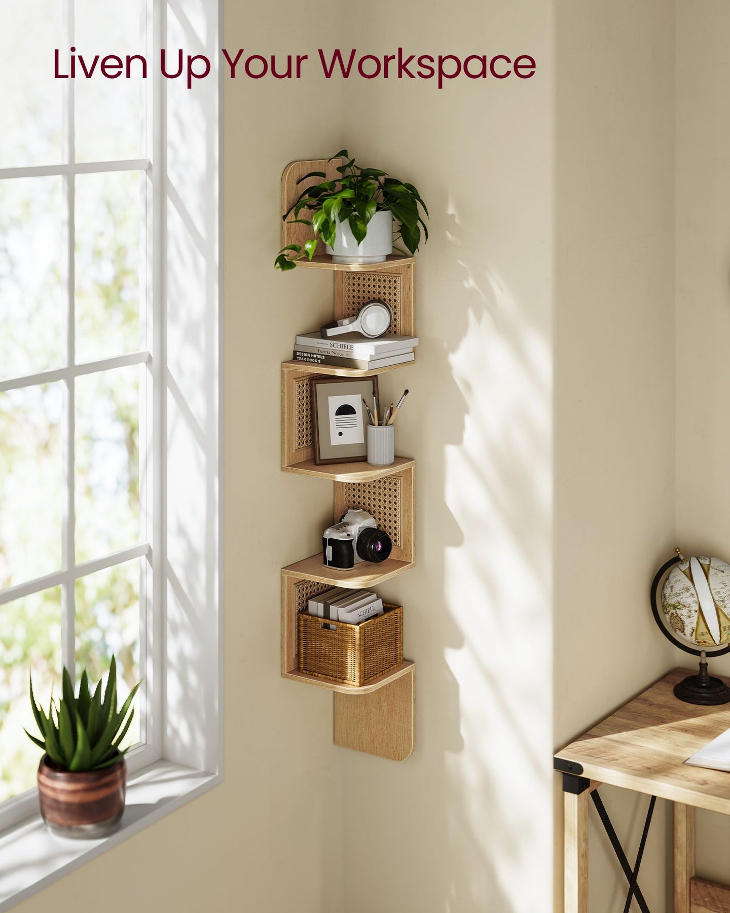 5-Tier Wall-Mounted Corner Shelf - Space-Saving with PVC Rattan Sides - Oak Beige - Zigzag Design