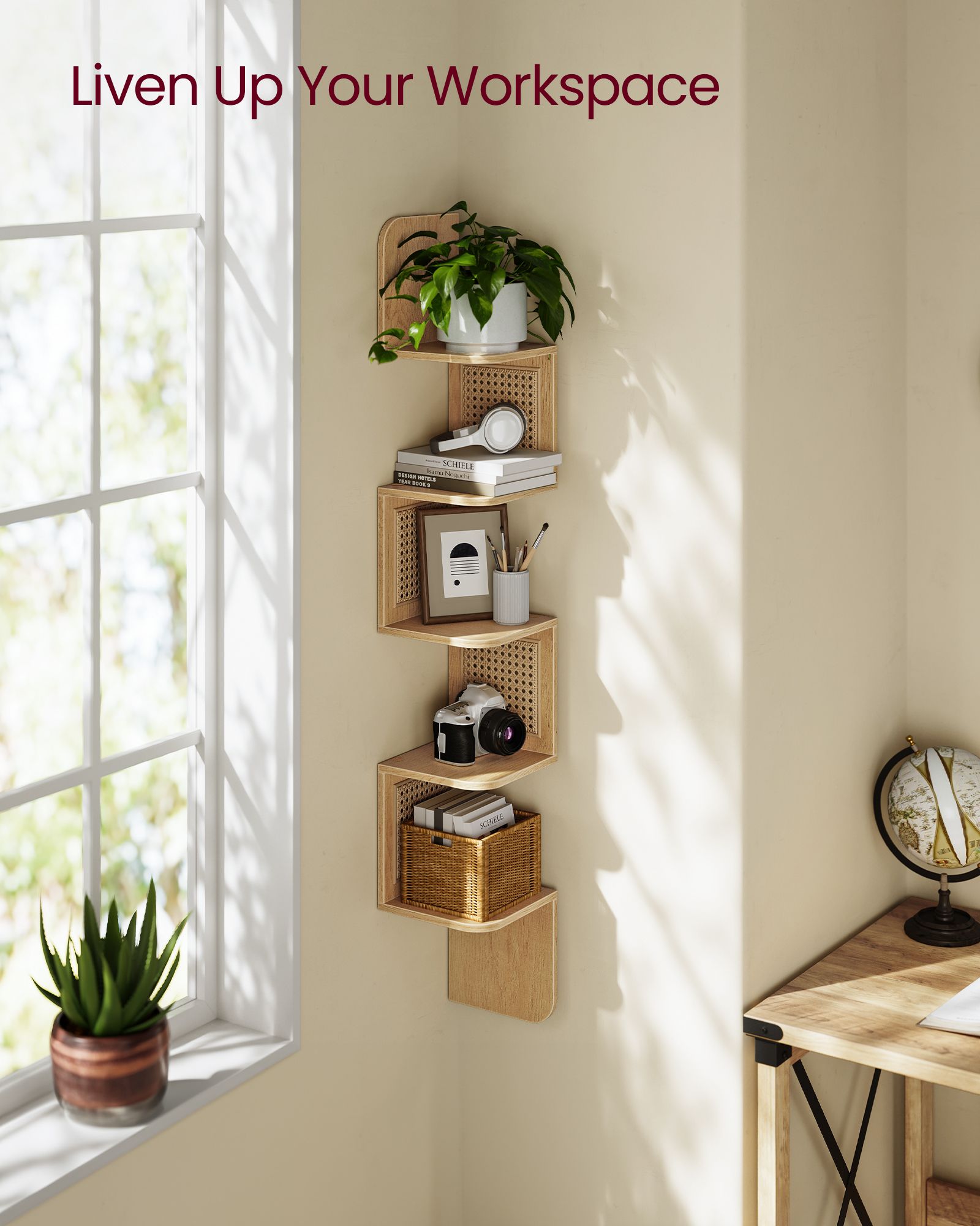 5-Tier Wall-Mounted Corner Shelf - Space-Saving with PVC Rattan Sides - Oak Beige - Zigzag Design