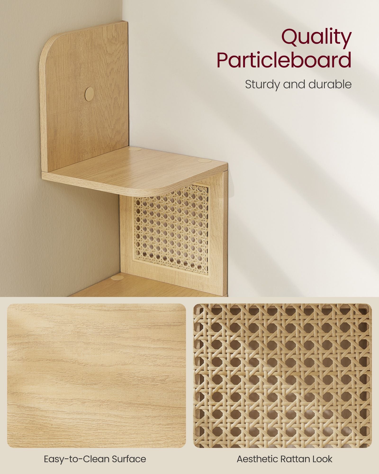5-Tier Wall-Mounted Corner Shelf - Space-Saving with PVC Rattan Sides - Oak Beige - Zigzag Design