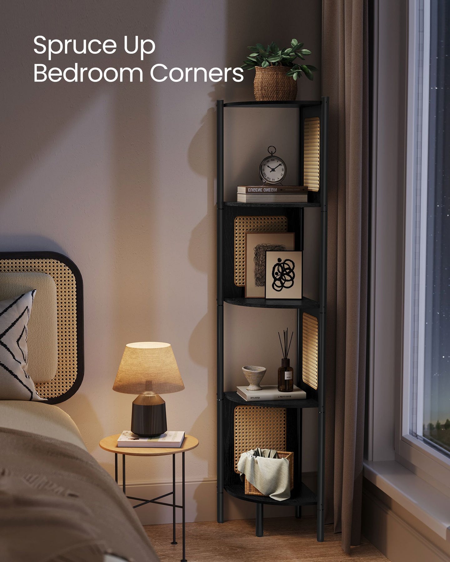5-Tier Corner Shelf - Metal - Ebony Black - Rattan Effect Sides