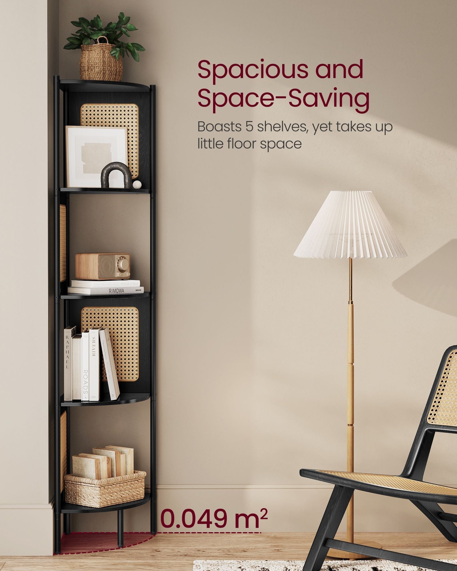 5-Tier Corner Shelf - Metal - Ebony Black - Rattan Effect Sides