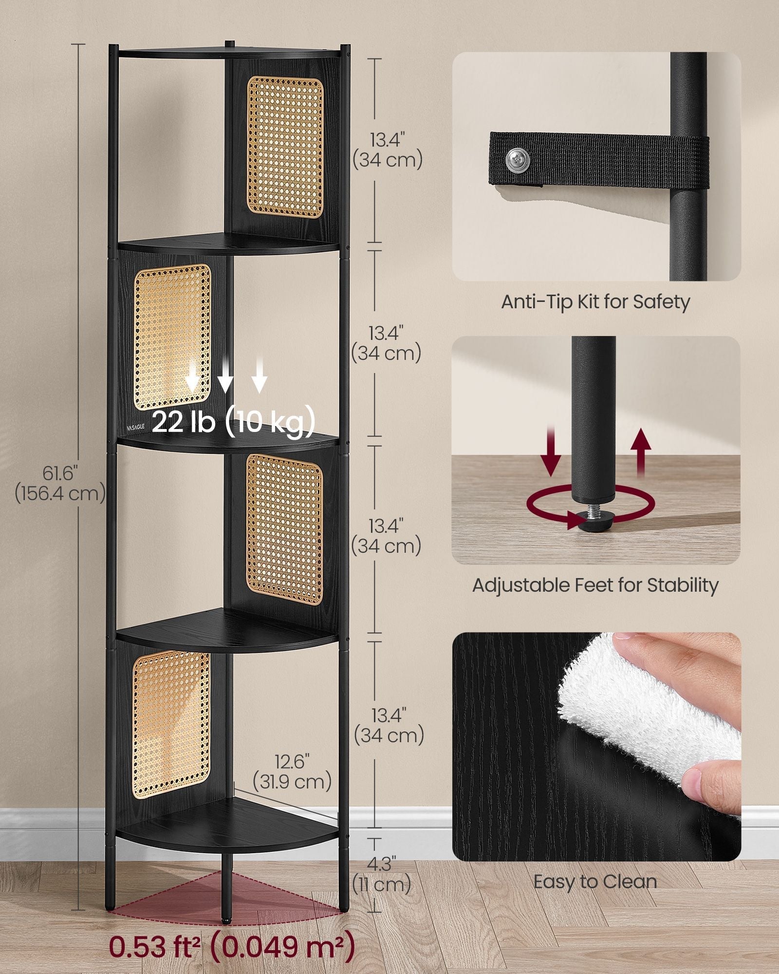5-Tier Corner Shelf - Metal - Ebony Black - Rattan Effect Sides