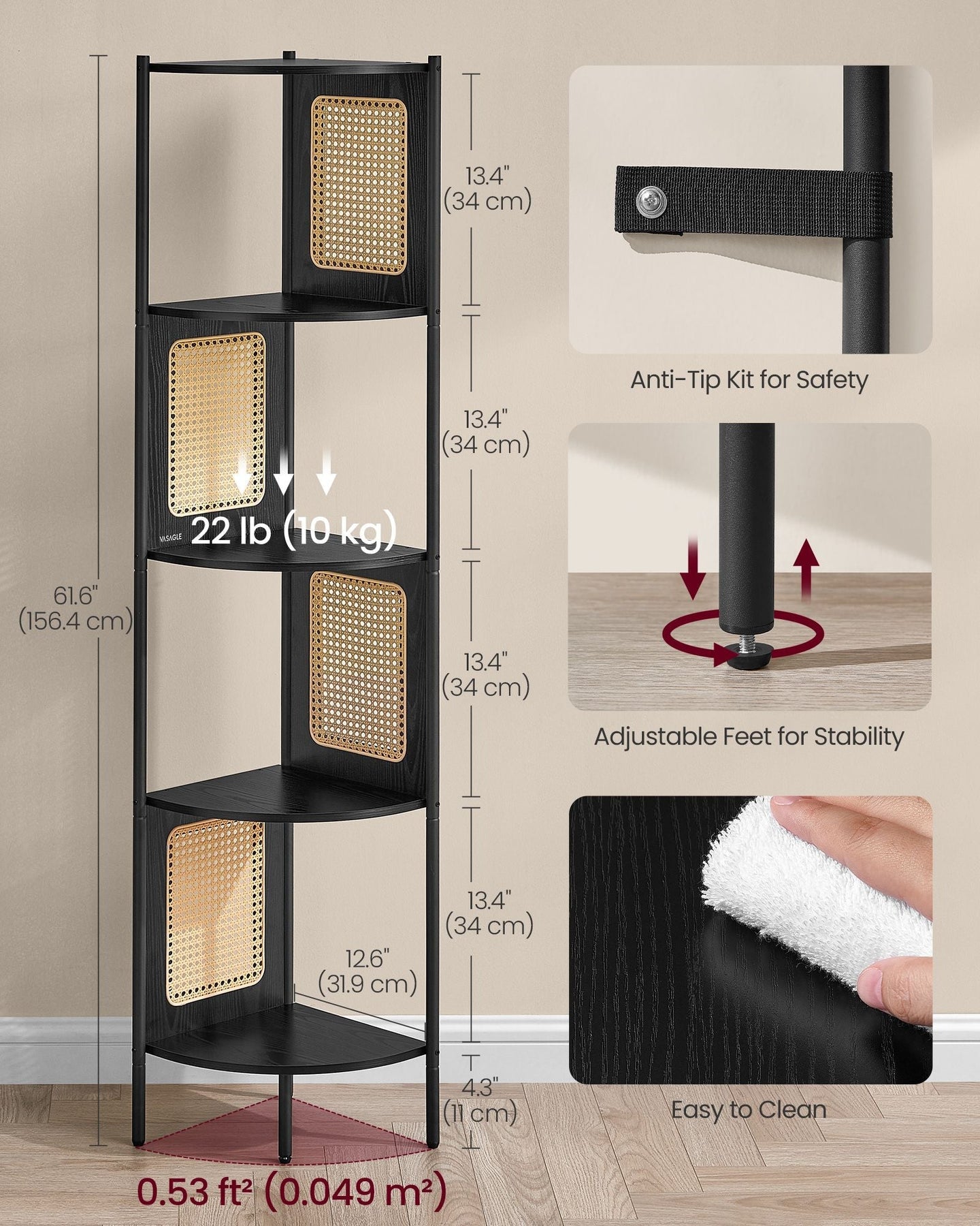 5-Tier Corner Shelf - Metal - Ebony Black - Rattan Effect Sides