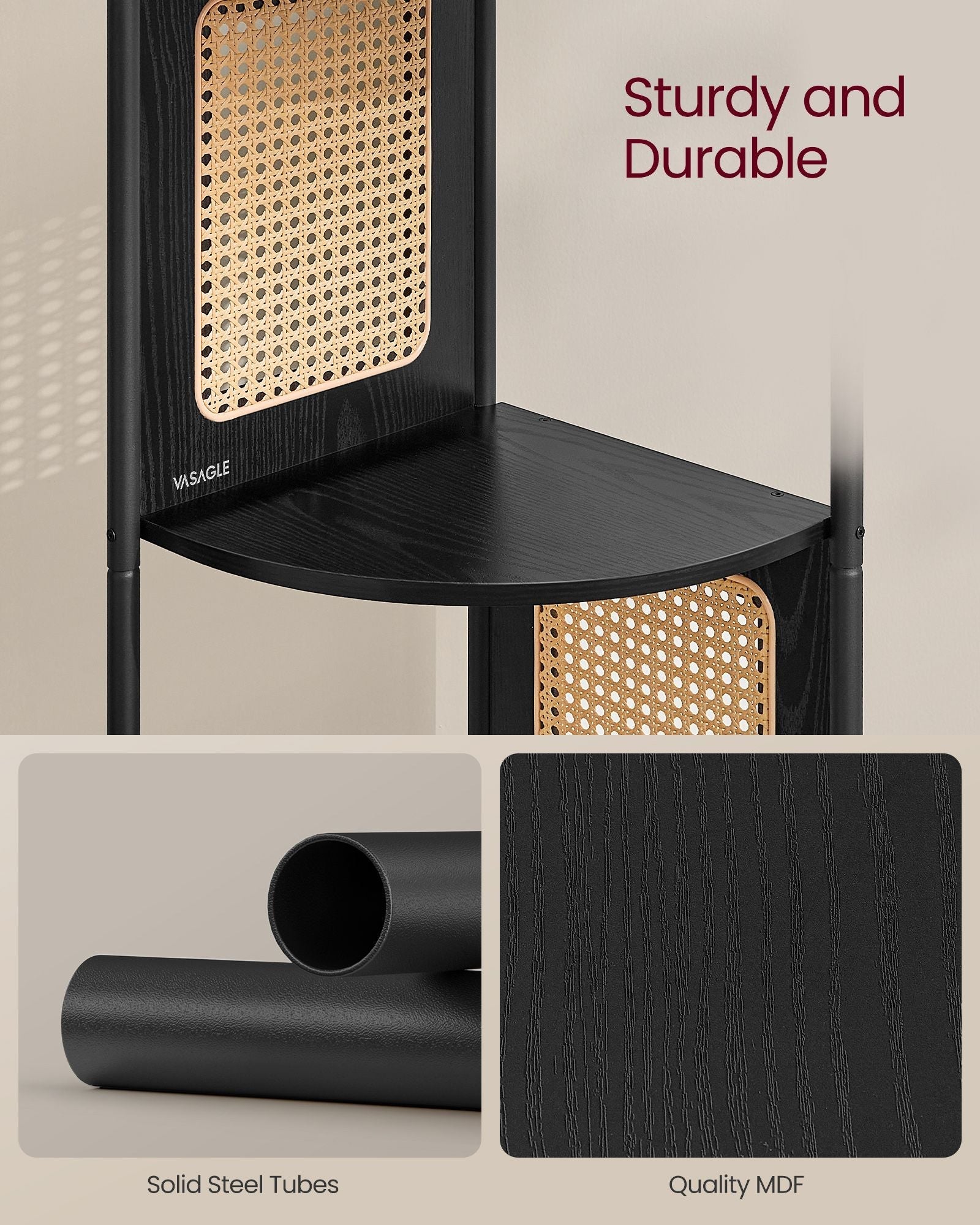 5-Tier Corner Shelf - Metal - Ebony Black - Rattan Effect Sides