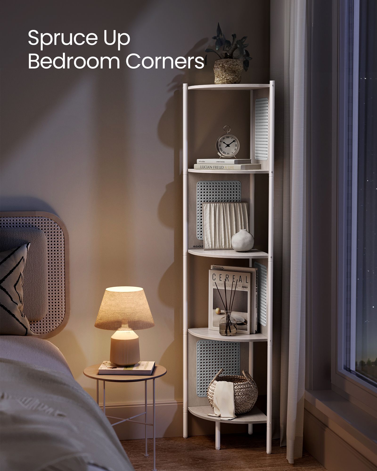 5-Tier Corner Shelf - Metal - Oatmeal Beige - Rattan Effect Sides