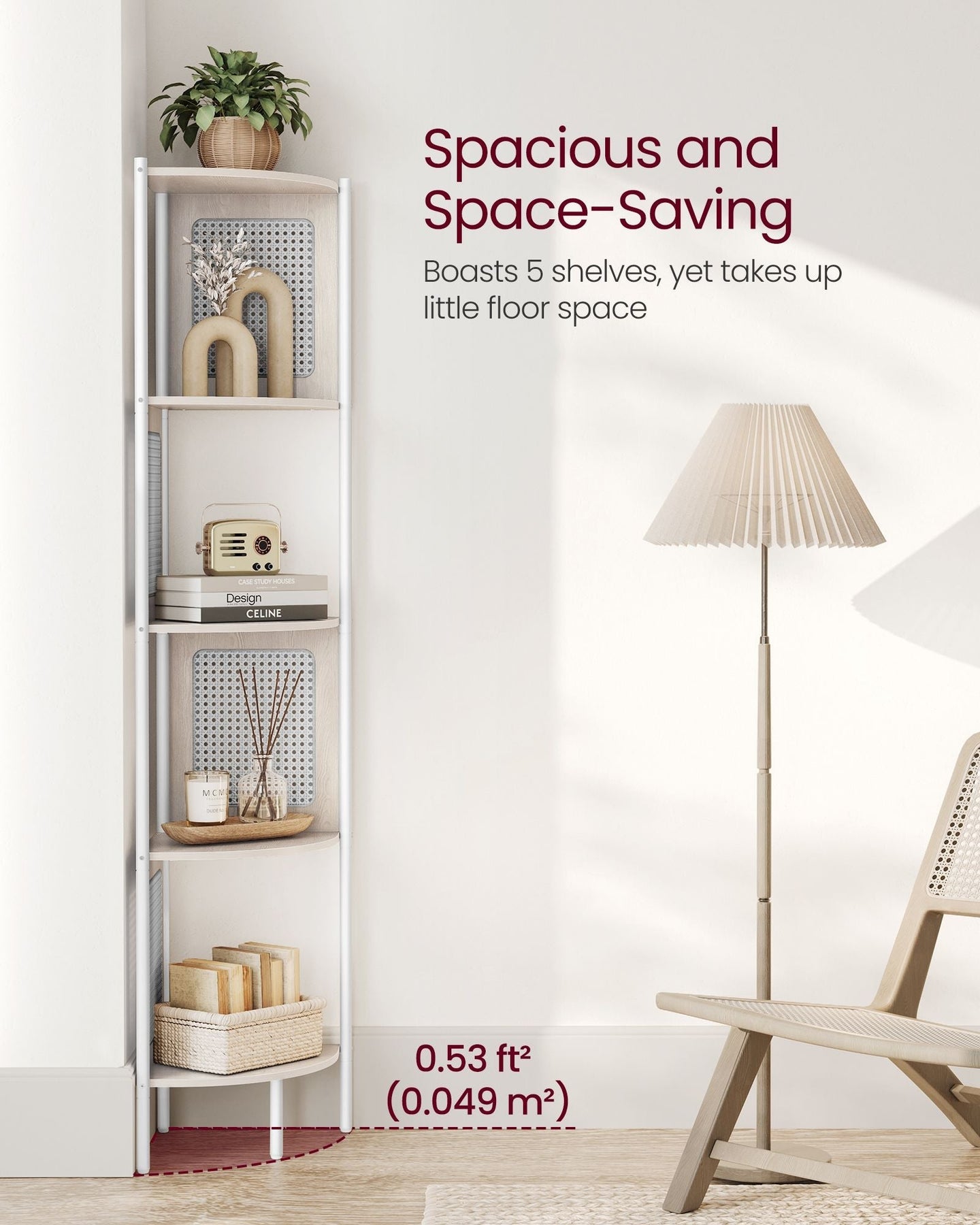 5-Tier Corner Shelf - Metal - Oatmeal Beige - Rattan Effect Sides