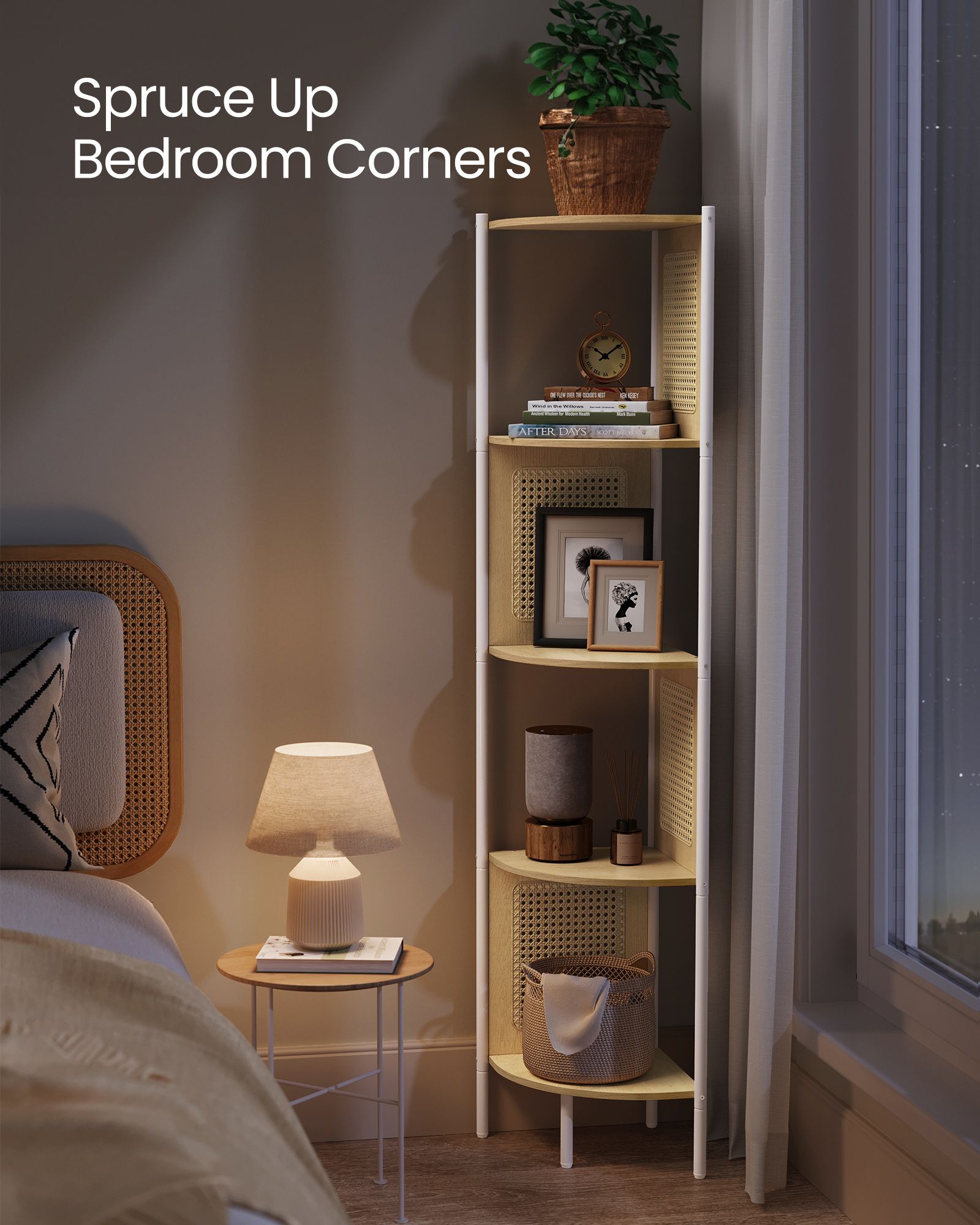Corner Shelf - Metal - Oak Beige - 5-Tier with Rattan Effect Sides