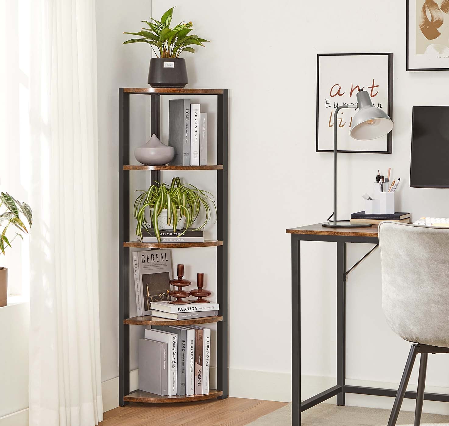 5-Tier Corner Shelf - Industrial Wood - Rustic Brown and Black - Multipurpose Design