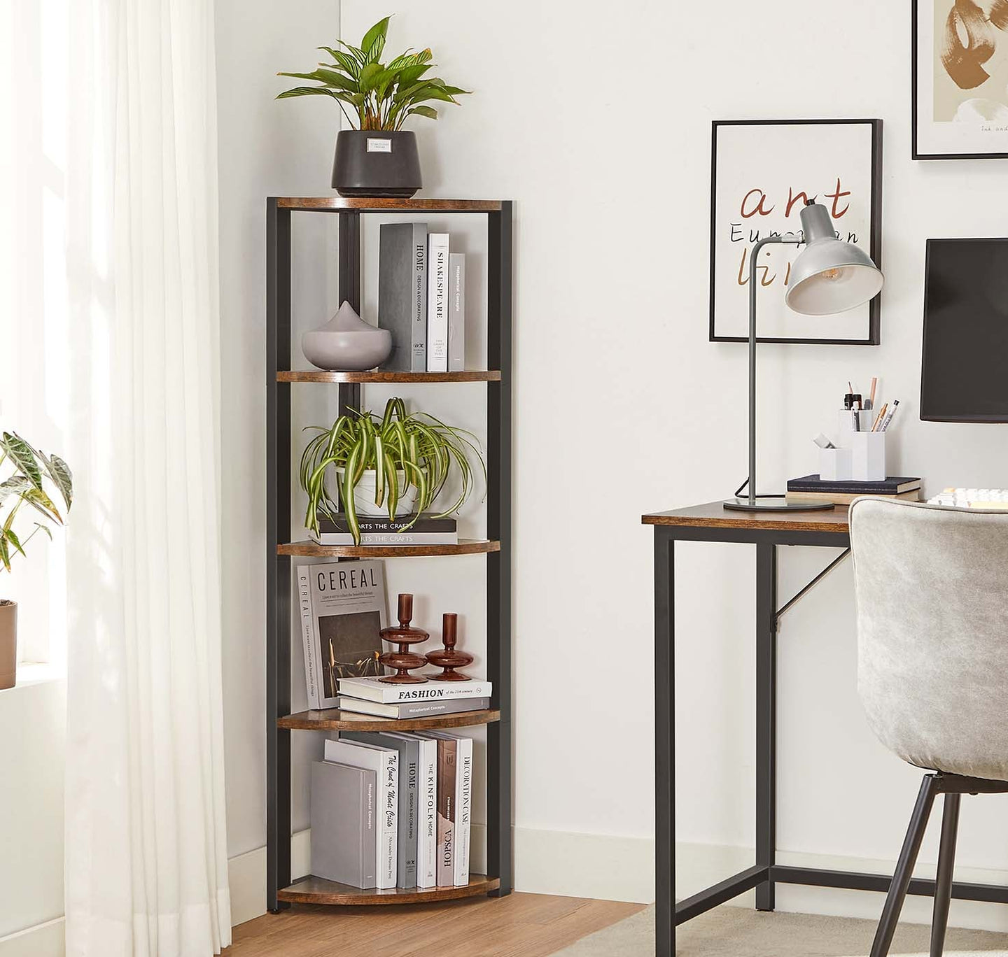 5-Tier Corner Shelf - Industrial Wood - Rustic Brown and Black - Multipurpose Design