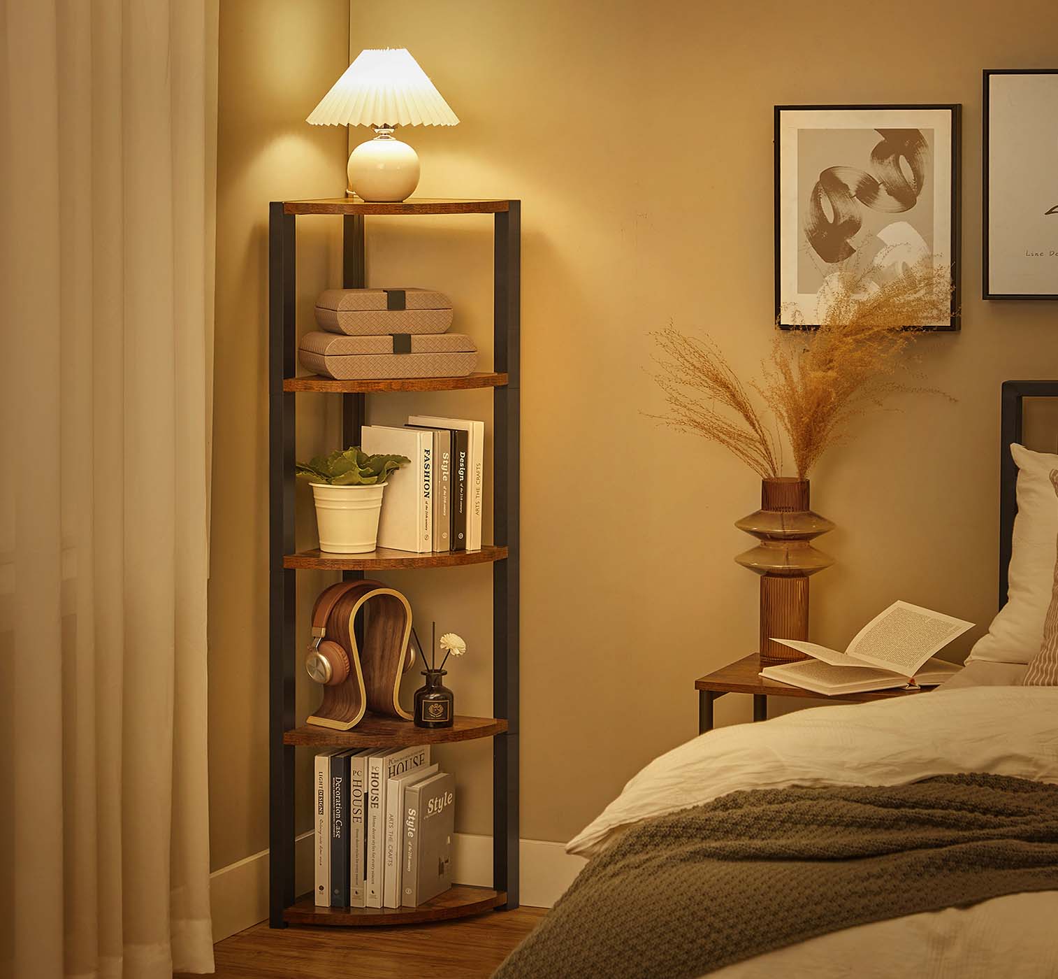 5-Tier Corner Shelf - Industrial Wood - Rustic Brown and Black - Multipurpose Design