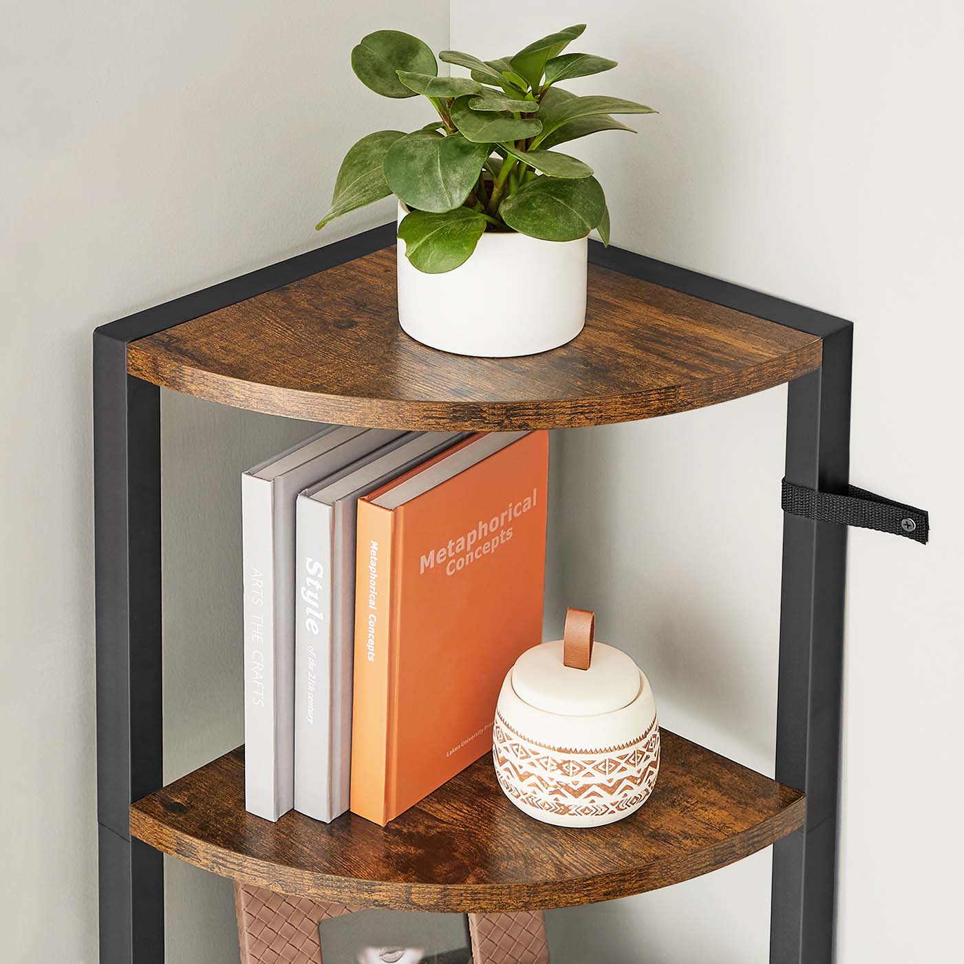 5-Tier Corner Shelf - Industrial Wood - Rustic Brown and Black - Multipurpose Design