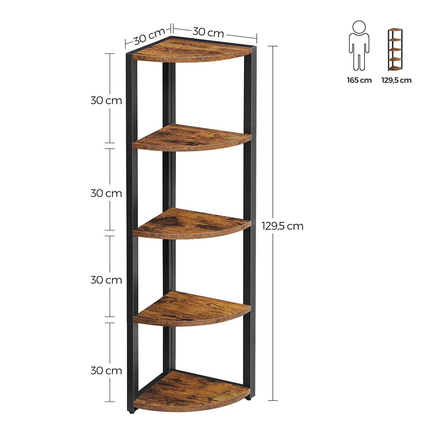 5-Tier Corner Shelf - Industrial Wood - Rustic Brown and Black - Multipurpose Design