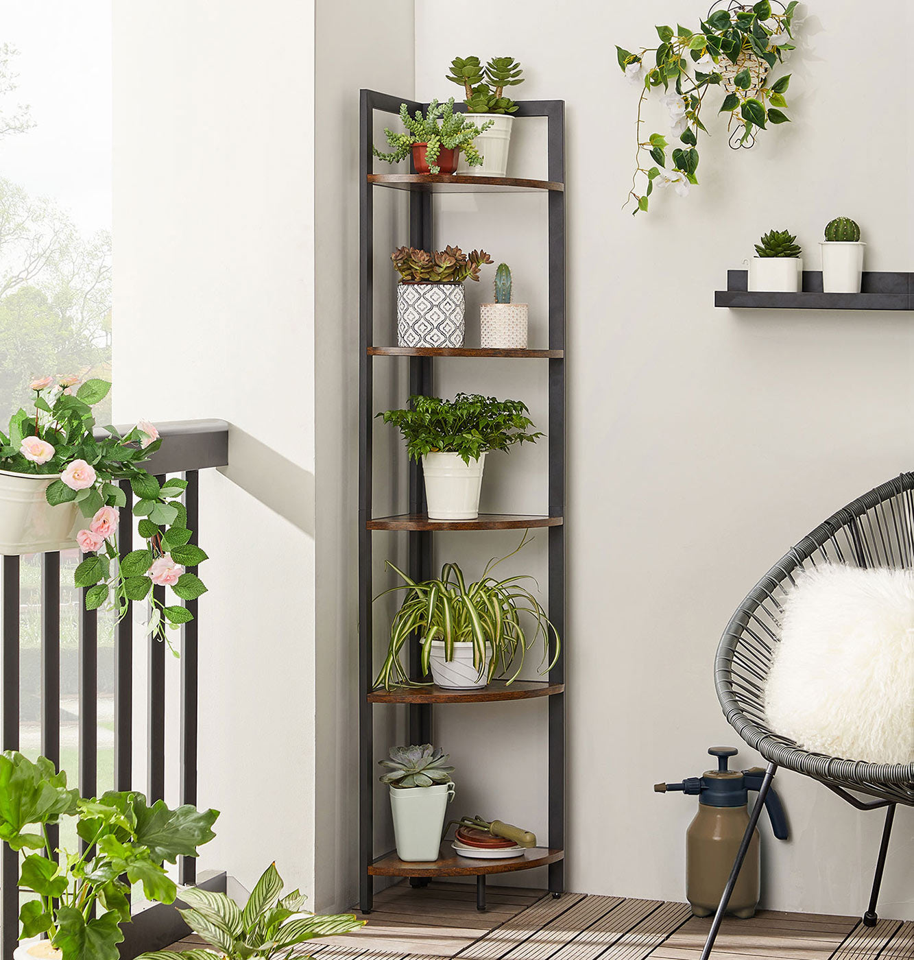 Corner Shelf - Wood - Rustic Brown and Black - 5-Tier Multipurpose Design