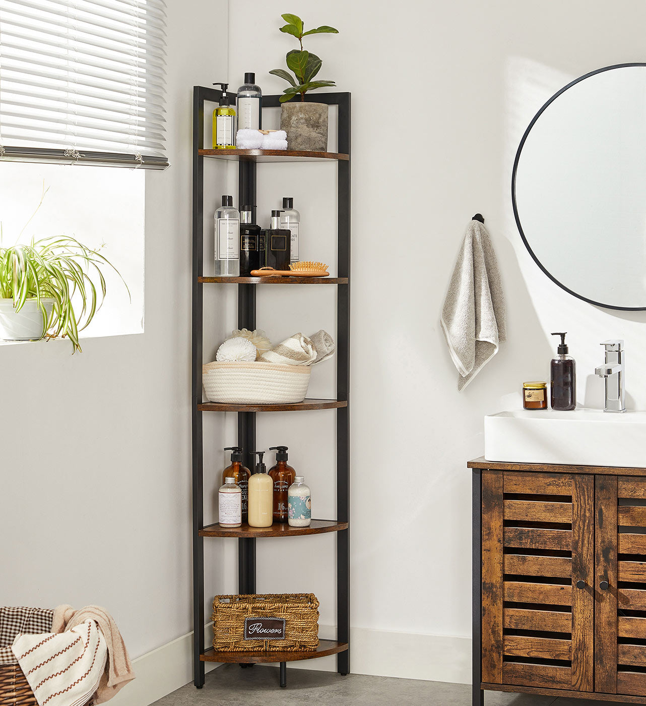 Corner Shelf - Wood - Rustic Brown and Black - 5-Tier Multipurpose Design