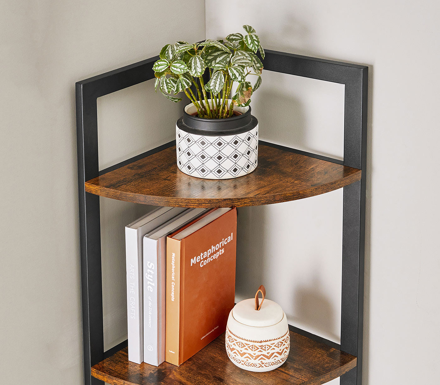 Corner Shelf - Wood - Rustic Brown and Black - 5-Tier Multipurpose Design