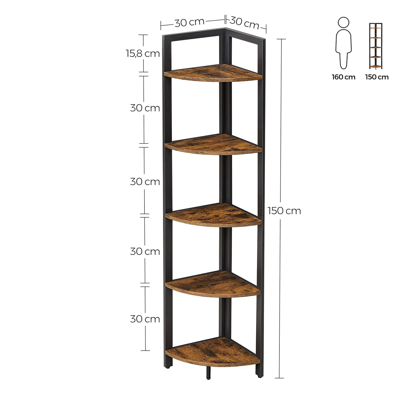 Corner Shelf - Wood - Rustic Brown and Black - 5-Tier Multipurpose Design