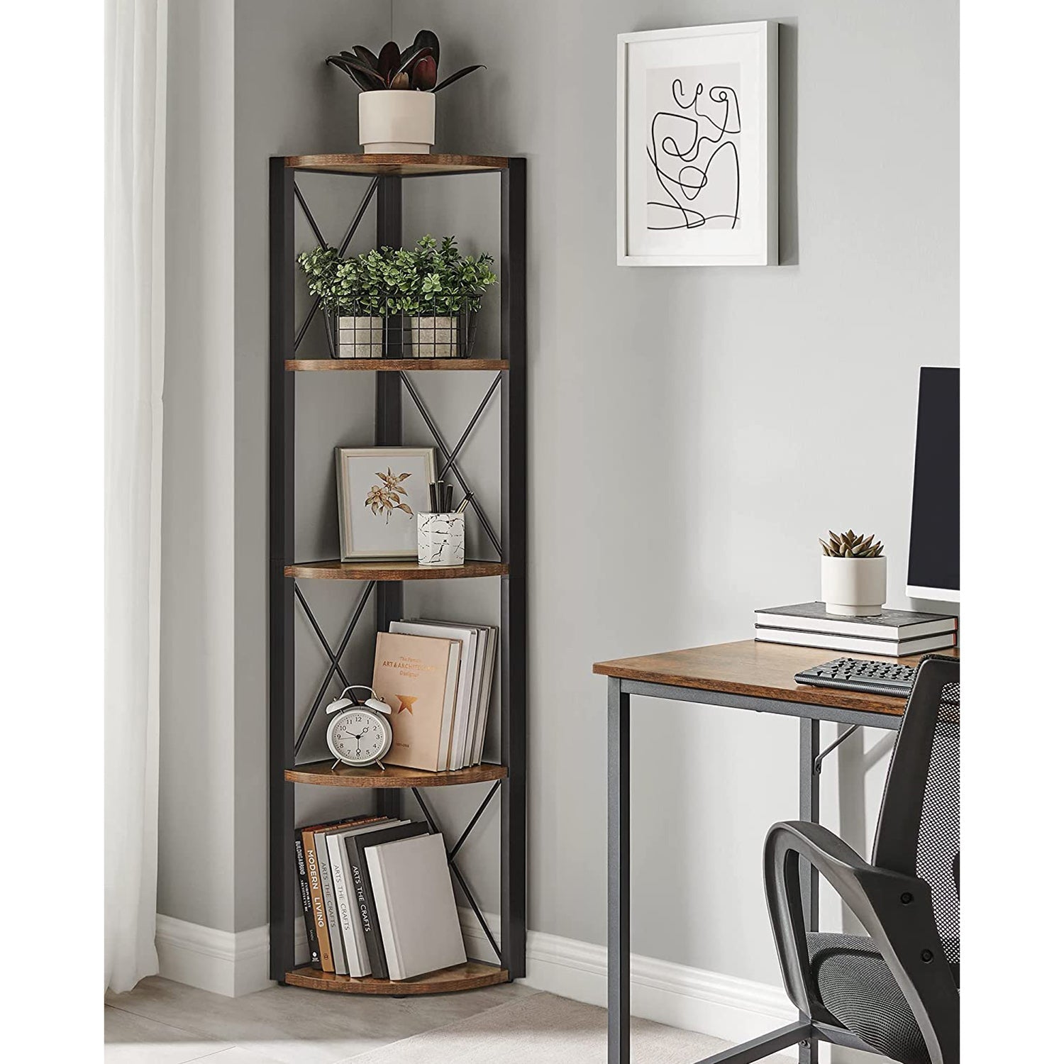 5 Tier Corner Shelf - Engineered Wood - Rustic Brown and Black - Multipurpose Storage Unit