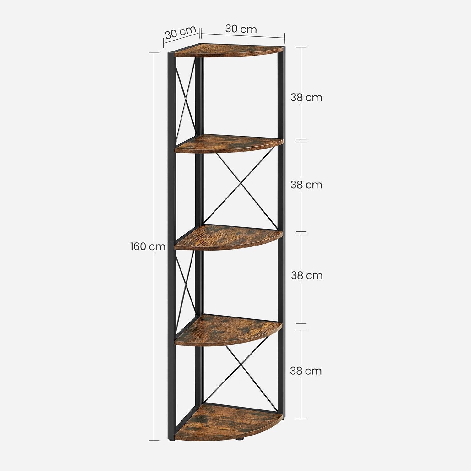 5 Tier Corner Shelf - Engineered Wood - Rustic Brown and Black - Multipurpose Storage Unit