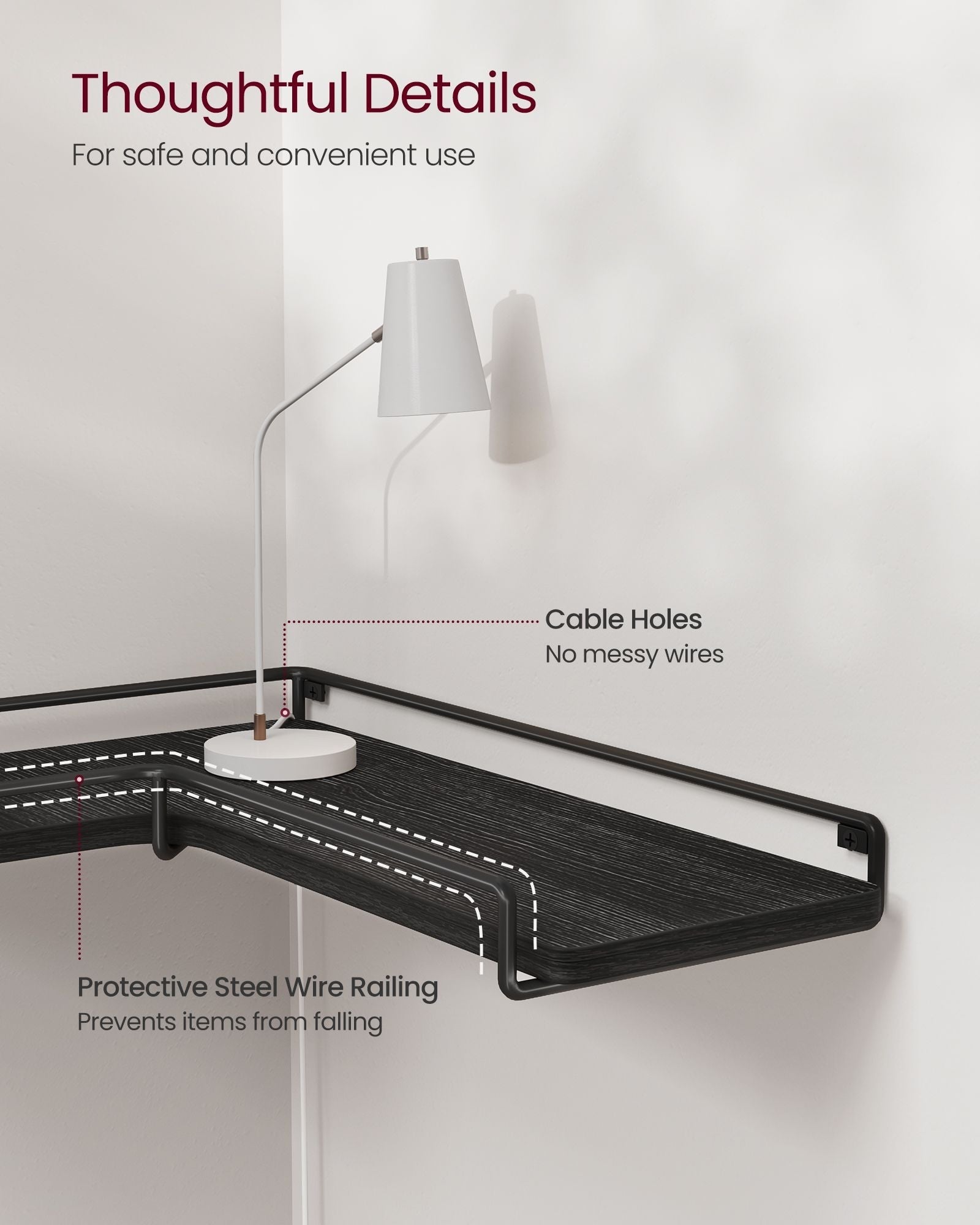 Set of 2 L-Shaped Floating Shelves - Engineered Wood - Black - Simple Installation